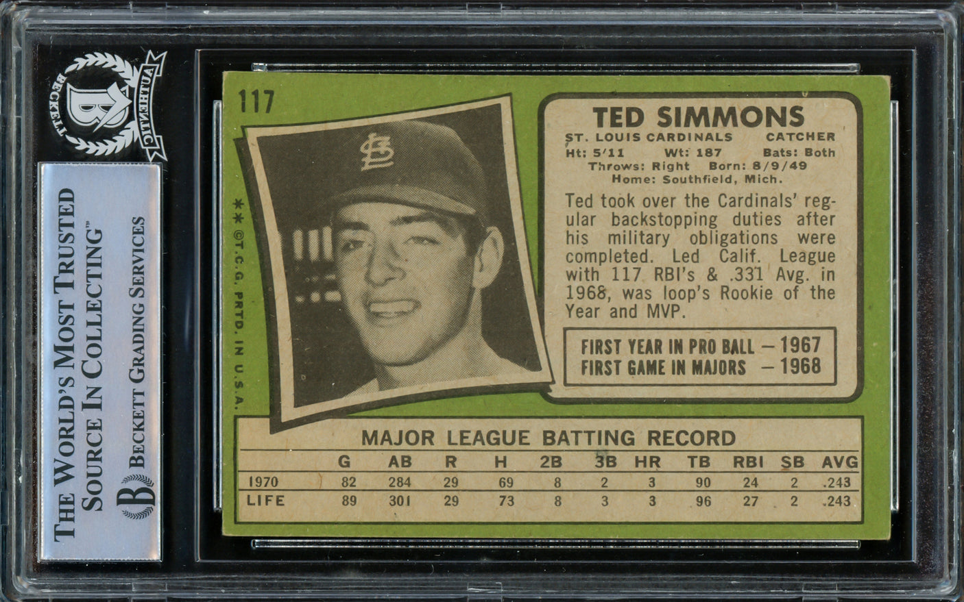 Ted Simmons Autographed 1971 Topps Rookie Card #117 St. Louis Cardinals Beckett BAS #14862569