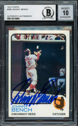 Johnny Bench Autographed 1973 Topps Card #380 Cincinnati Reds Auto Grade Gem Mint 10 Beckett BAS #13015860