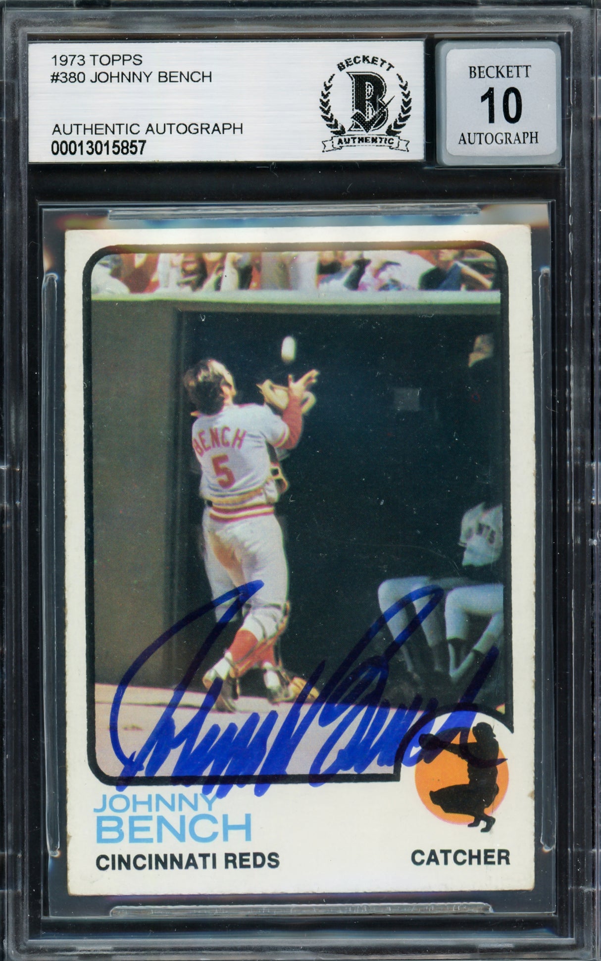 Johnny Bench Autographed 1973 Topps Card #380 Cincinnati Reds Auto Grade Gem Mint 10 Beckett BAS #13015857