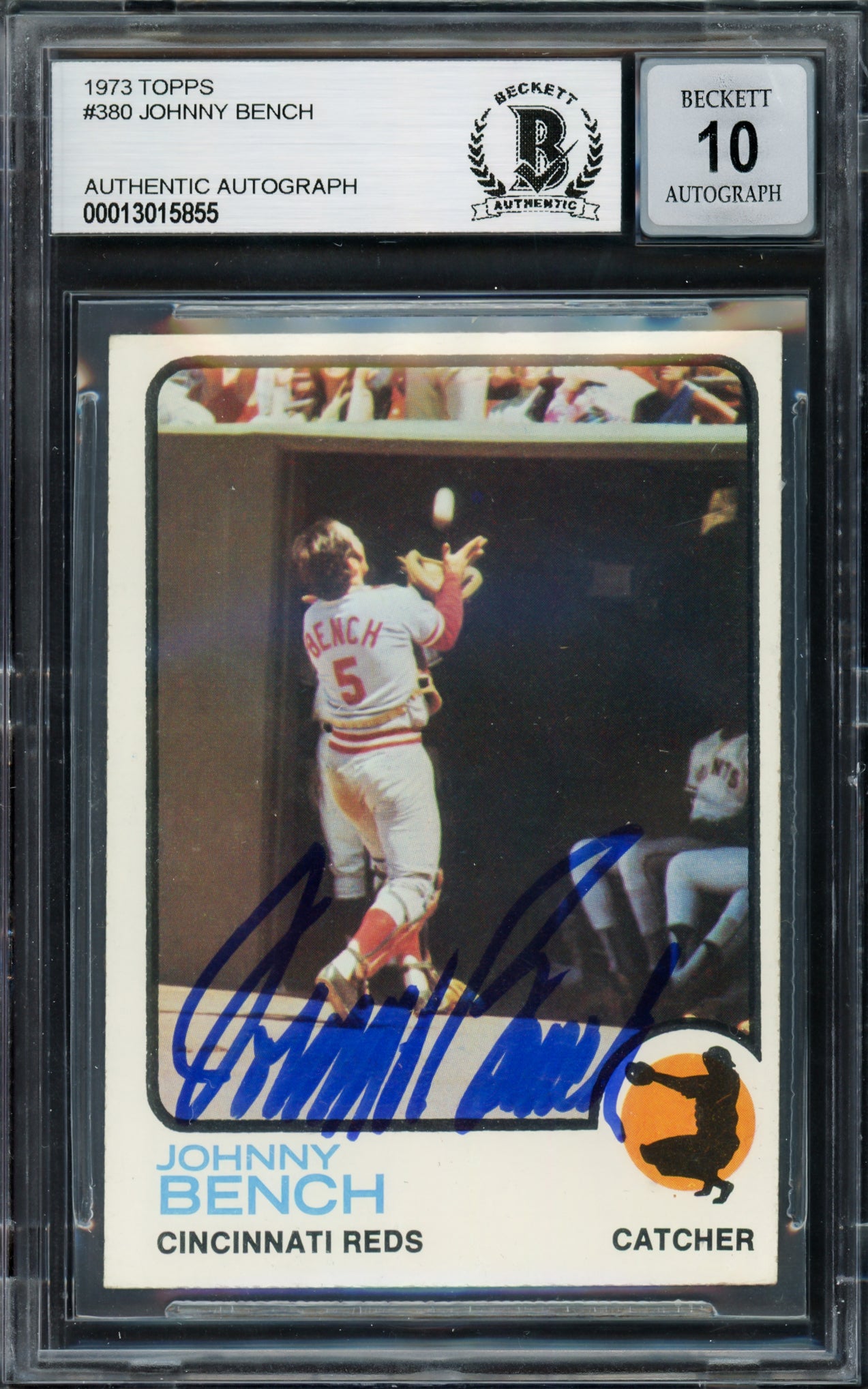 Johnny Bench Autographed 1973 Topps Card #380 Cincinnati Reds Auto Grade Gem Mint 10 Beckett BAS #13015855