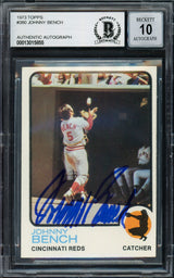 Johnny Bench Autographed 1973 Topps Card #380 Cincinnati Reds Auto Grade Gem Mint 10 Beckett BAS #13015855