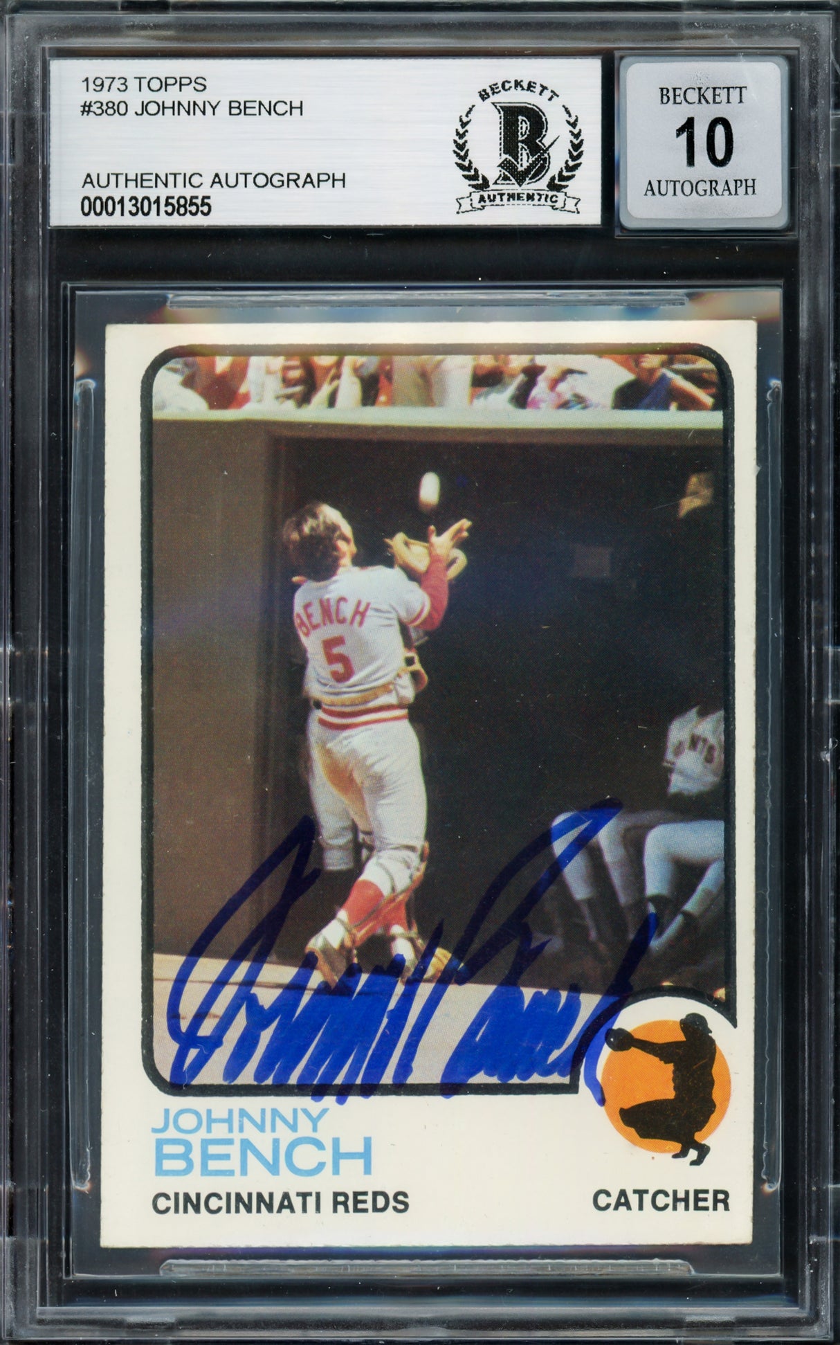 Johnny Bench Autographed 1973 Topps Card #380 Cincinnati Reds Auto Grade Gem Mint 10 Beckett BAS #13015855