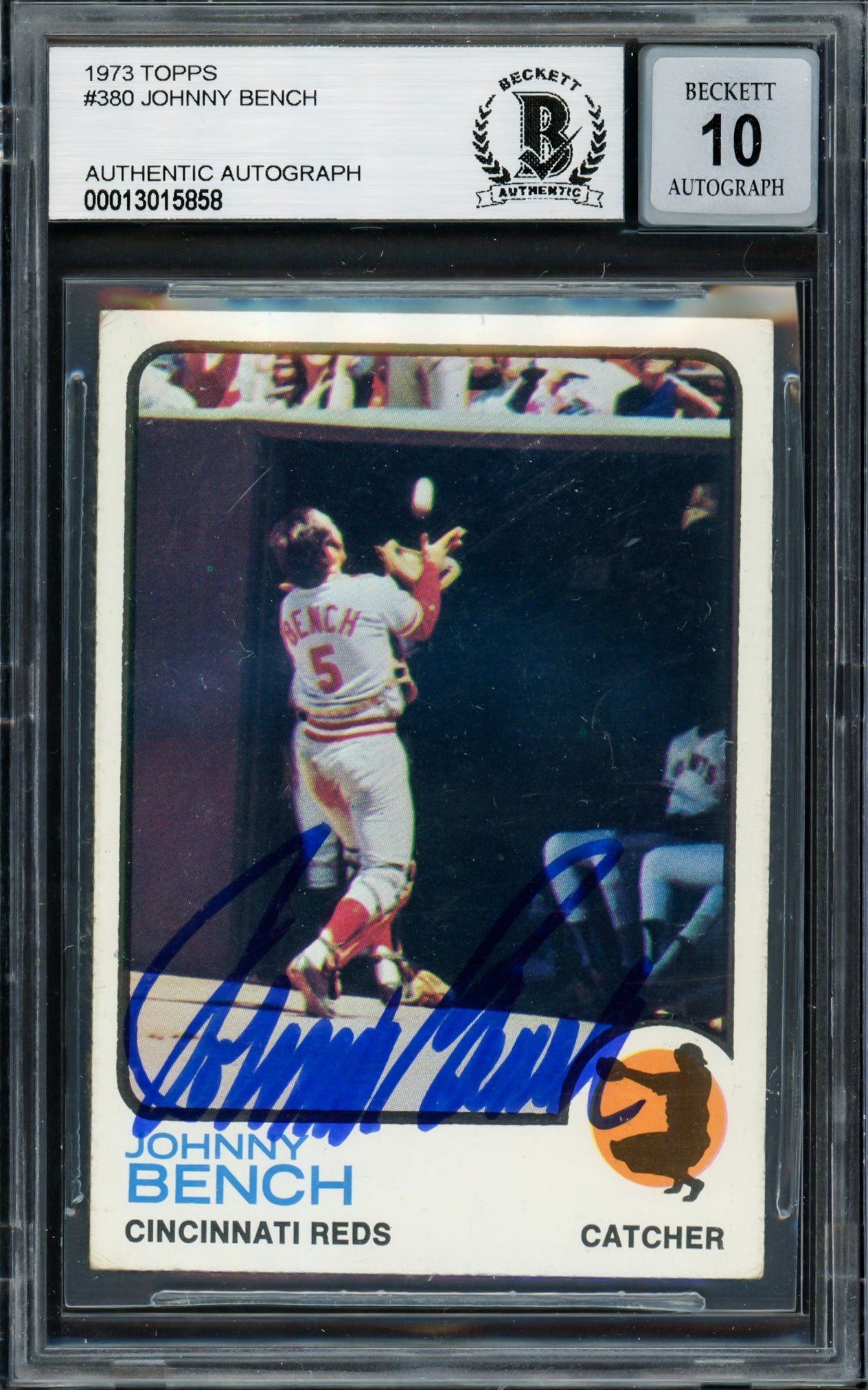Johnny Bench Autographed 1973 Topps Card #380 Cincinnati Reds Auto Grade Gem Mint 10 Beckett BAS #13015858