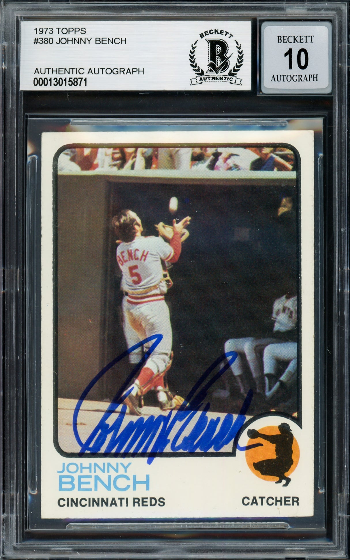 Johnny Bench Autographed 1973 Topps Card #380 Cincinnati Reds Auto Grade Gem Mint 10 Beckett BAS #13015871