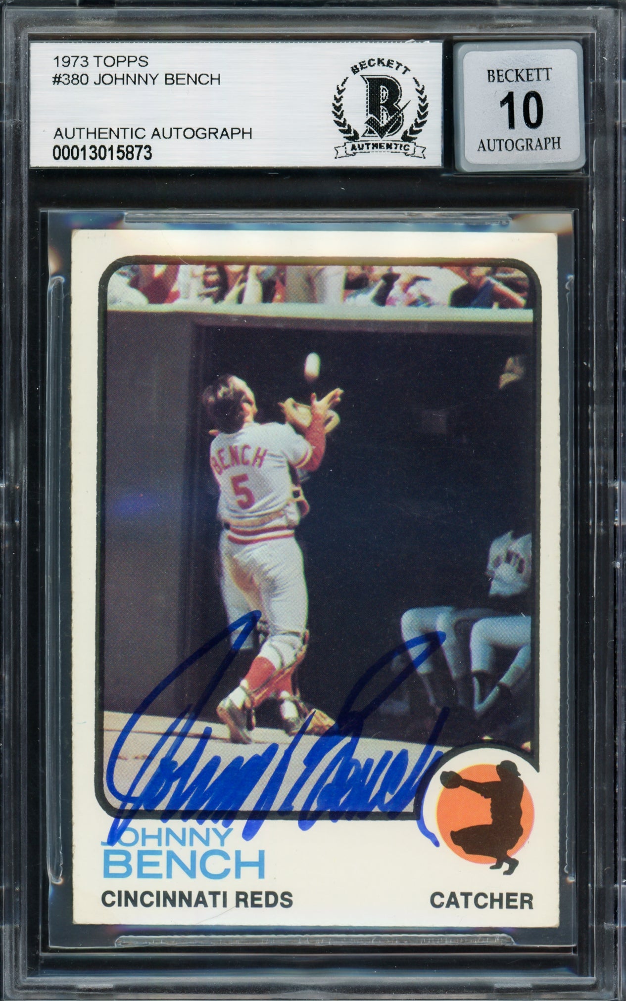 Johnny Bench Autographed 1973 Topps Card #380 Cincinnati Reds Auto Grade Gem Mint 10 Beckett BAS #13015873