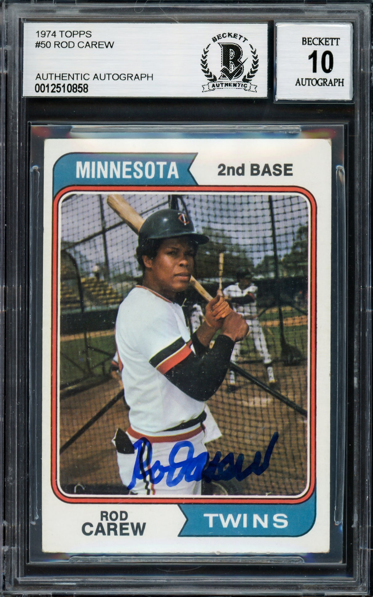 Rod Carew Autographed 1974 Topps Card #50 Minnesota Twins Auto Grade Gem Mint 10 Beckett BAS #12510858