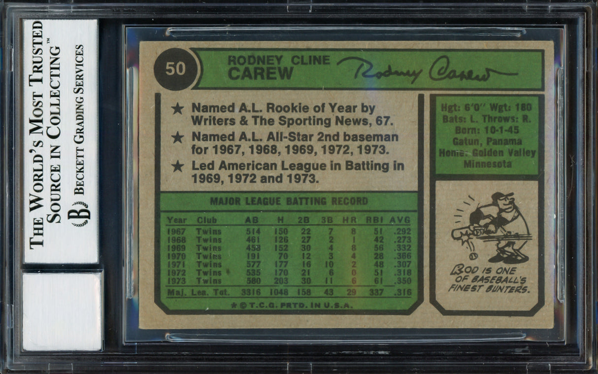 Rod Carew Autographed 1974 Topps Card #50 Minnesota Twins Auto Grade Gem Mint 10 Beckett BAS #12510858