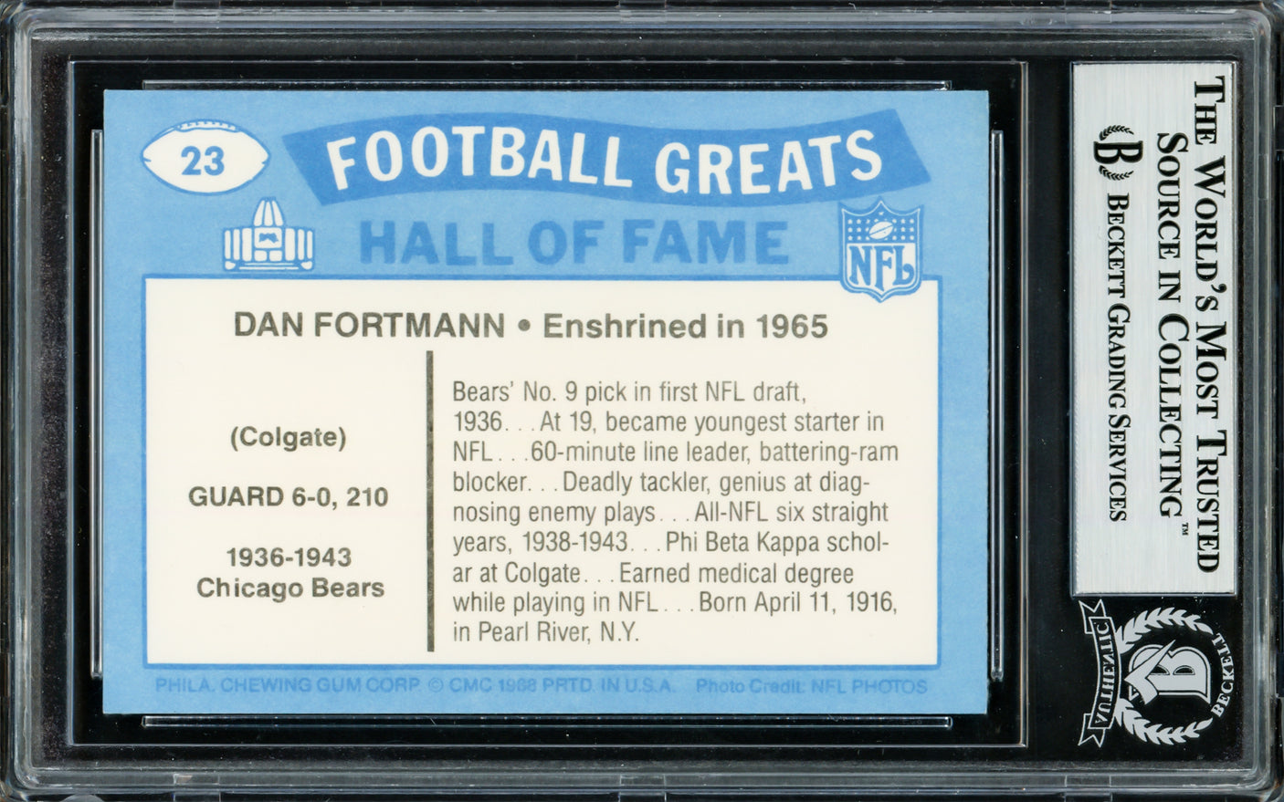 Dan Fortmann Autographed 1988 Swell Greats Card #23 Chicago Bears Beckett BAS #13608958