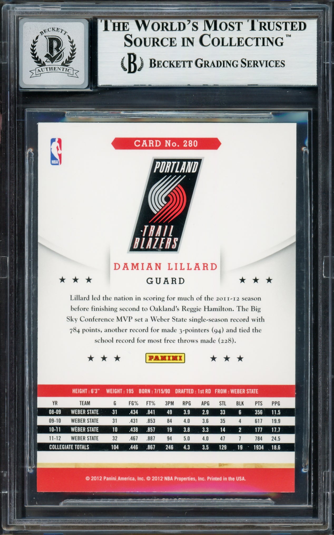 Damian Lillard Autographed 2012-13 Panini Hoops Rookie Card #280 Portland Trail Blazers Auto Grade Gem Mint 10 Beckett BAS #13605487