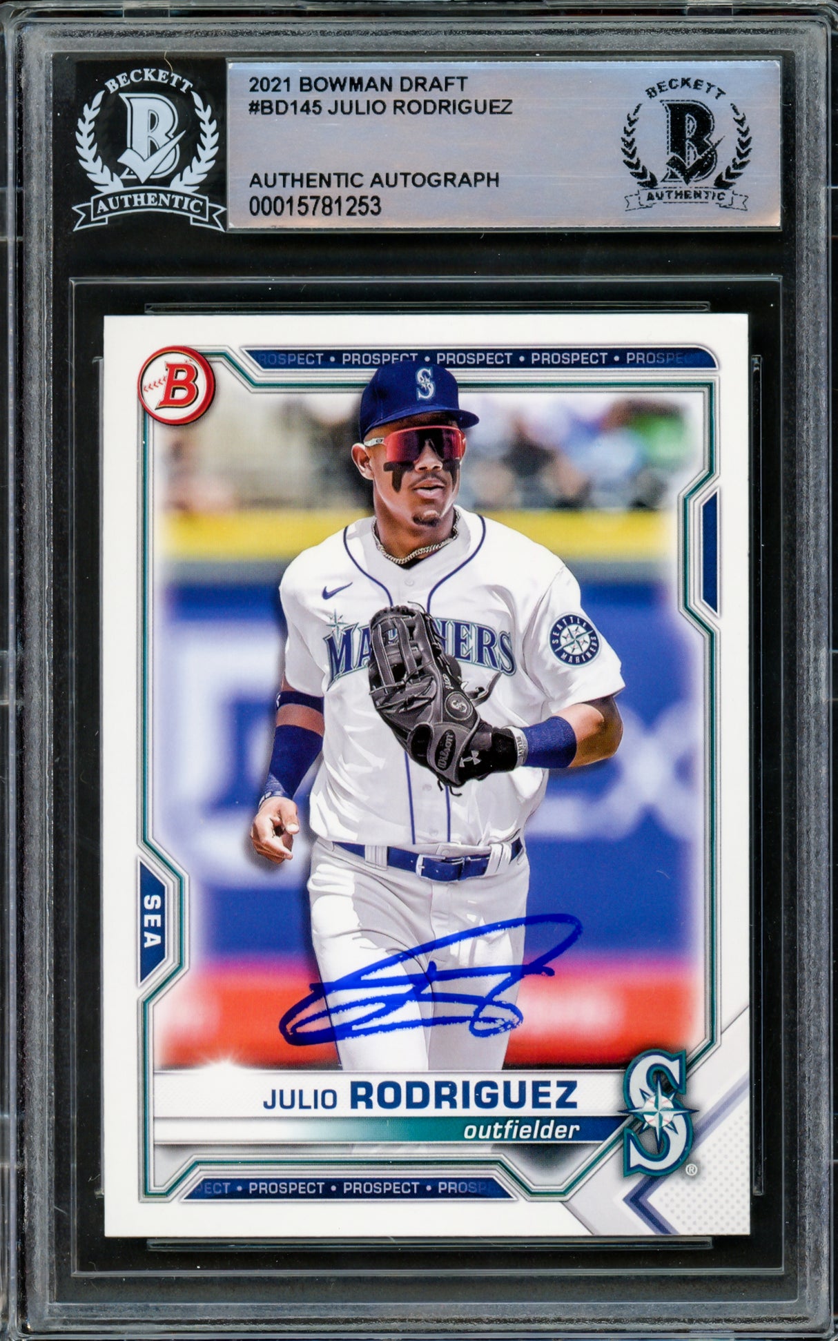 Julio Rodriguez Autographed 2021 Bowman Draft Rookie Card #BD145 Seattle Mariners Beckett BAS #15781253