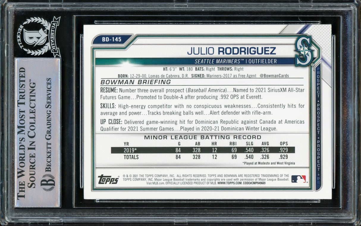 Julio Rodriguez Autographed 2021 Bowman Draft Rookie Card #BD145 Seattle Mariners Beckett BAS #15781253