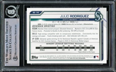 Julio Rodriguez Autographed 2021 Bowman Draft Rookie Card #BD145 Seattle Mariners Beckett BAS #15781253
