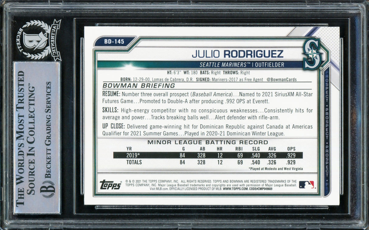 Julio Rodriguez Autographed 2021 Bowman Draft Rookie Card #BD145 Seattle Mariners Beckett BAS #15781257