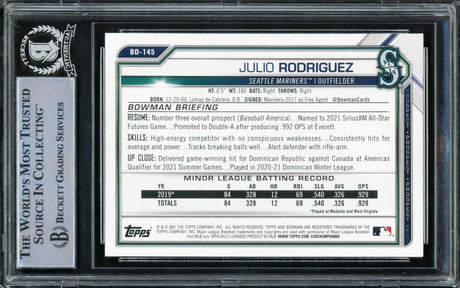 Julio Rodriguez Autographed 2021 Bowman Draft Rookie Card #BD145 Seattle Mariners Beckett BAS #15781257