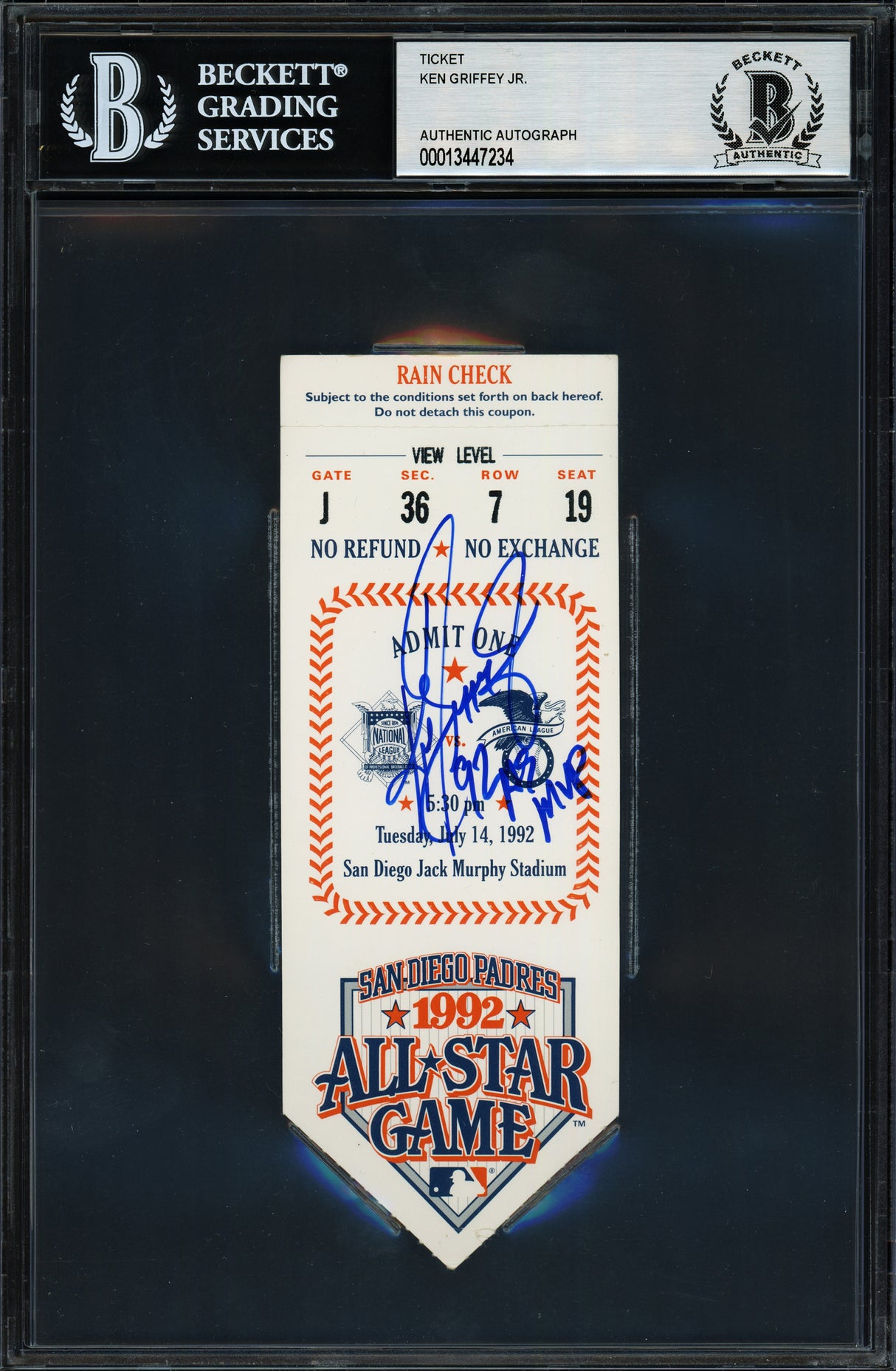 Ken Griffey Jr. Autographed 1992 All Star Game Ticket Seattle Mariners "92 AS MVP" Beckett BAS #13447234
