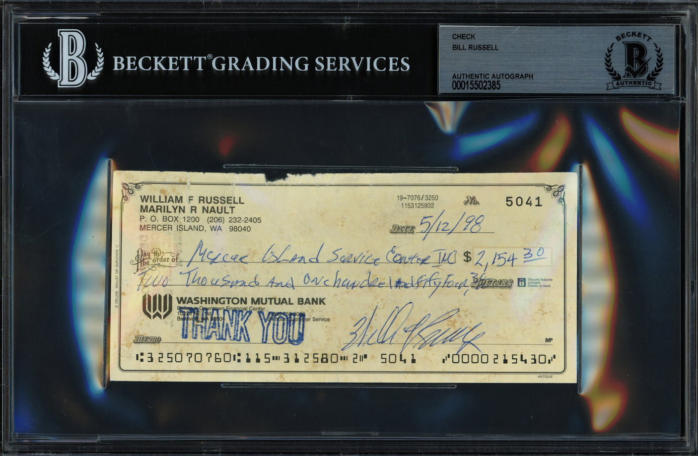 Bill Russell Autographed 3x6 Check Boston Celtics Beckett BAS #15502385