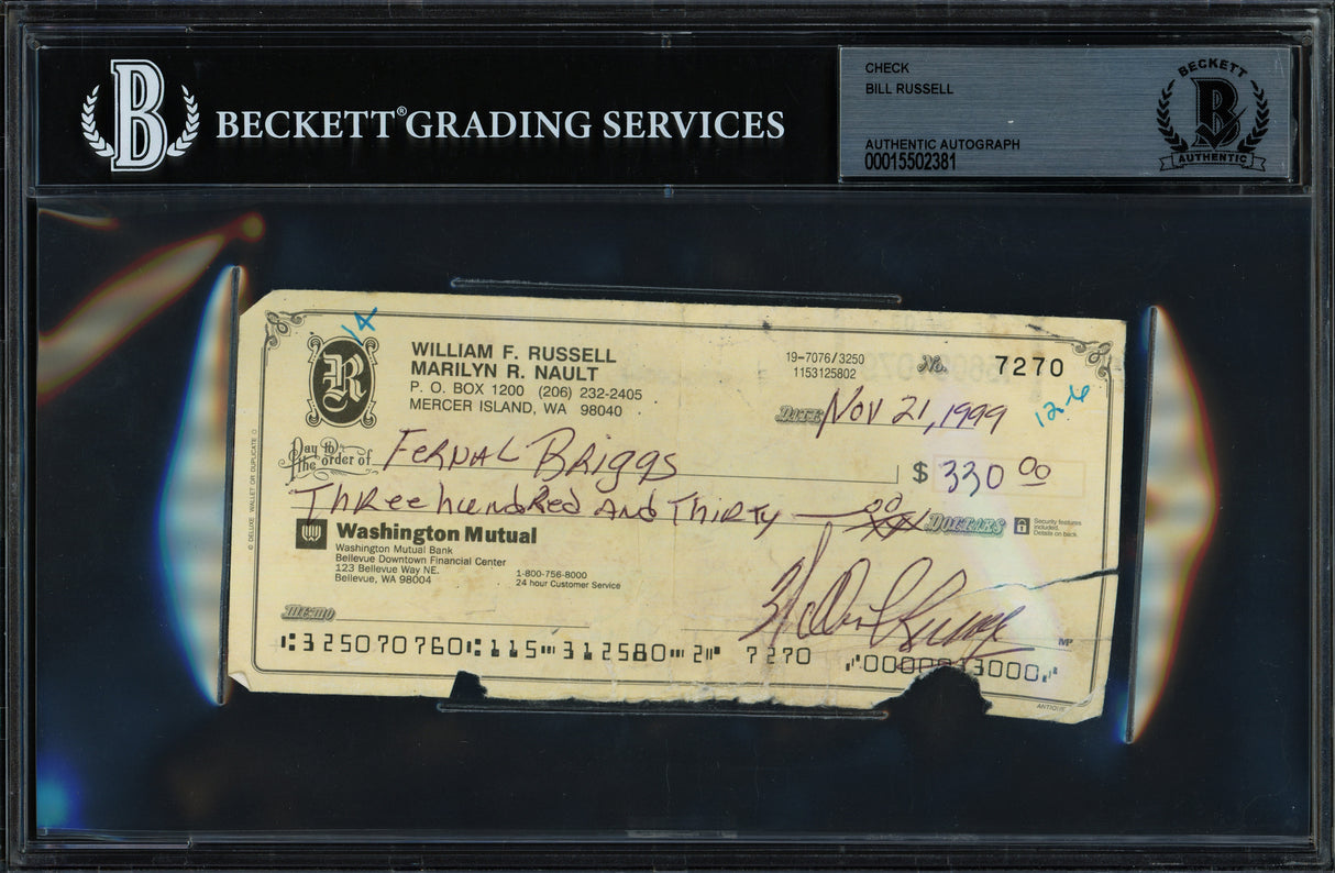 Bill Russell Autographed 3x6 Check Boston Celtics Beckett BAS #15502381