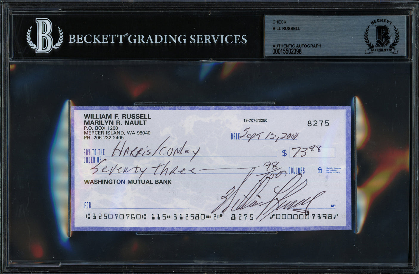 Bill Russell Autographed 3x6 Check Boston Celtics Beckett BAS #15502398
