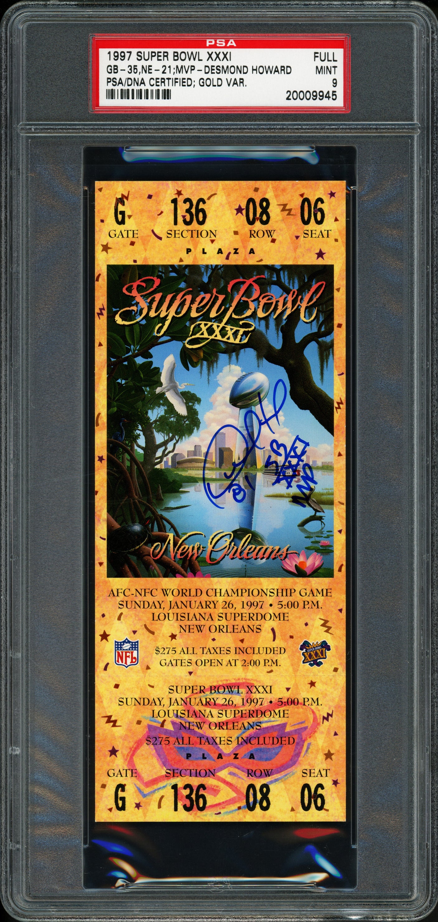 Desmond Howard Autographed 1997 Super Bowl Ticket Gold Variation Green Bay Packers PSA 9 "SB XXXI MVP" PSA/DNA #20009945