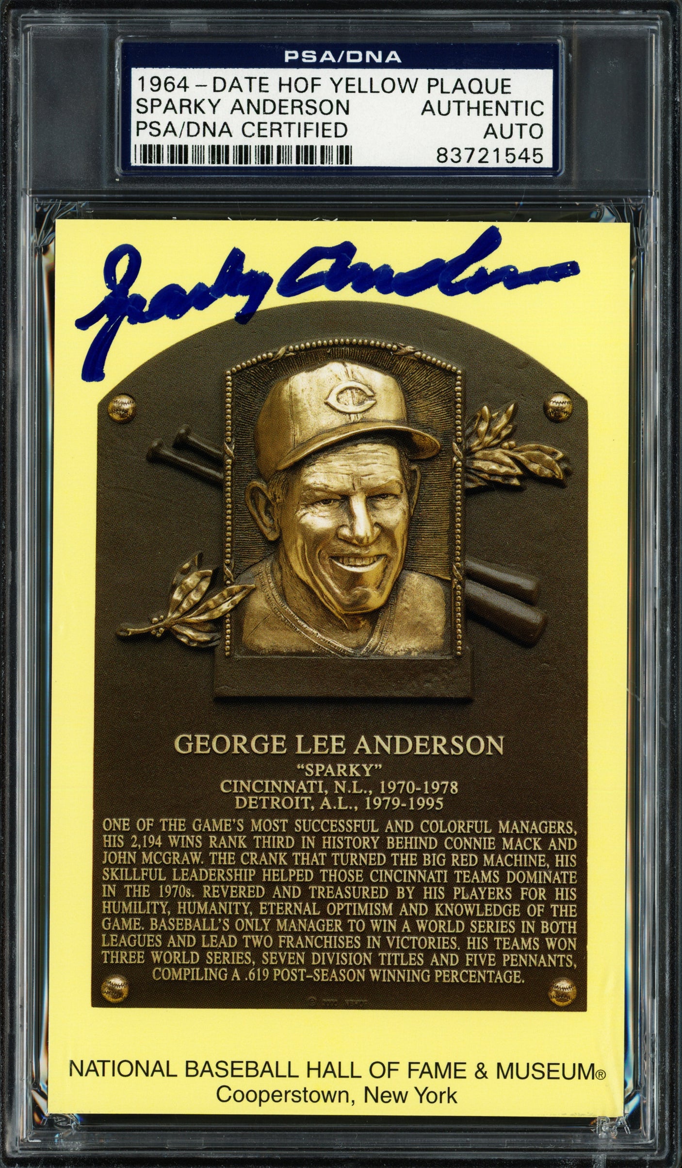 Sparky Anderson Autographed Hall of Fame HOF Plaque Postcard Cincinnati Reds PSA/DNA #83721545