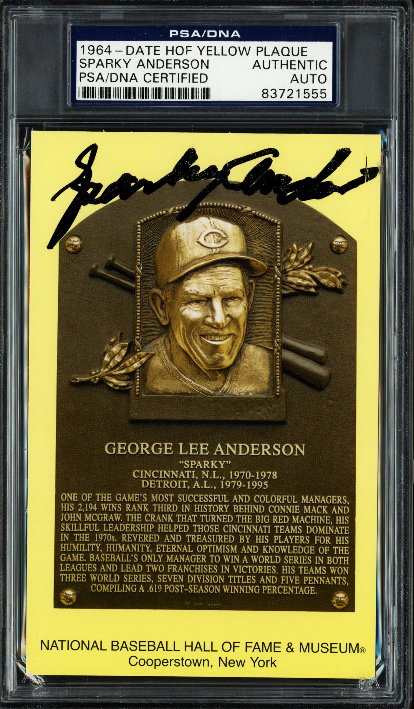 Sparky Anderson Autographed Hall of Fame HOF Plaque Postcard Cincinnati Reds PSA/DNA #83721555