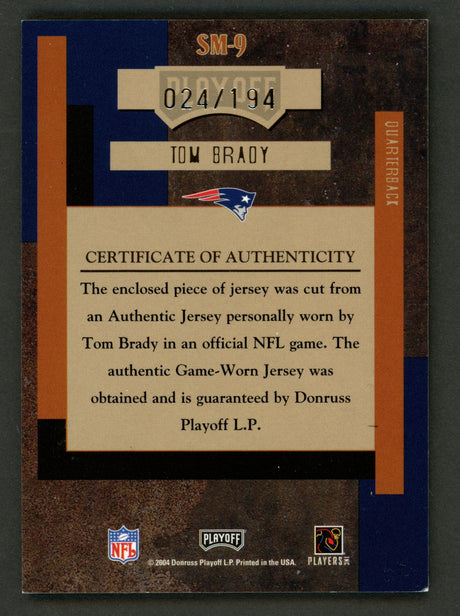 Tom Brady Autographed 2004 Donruss Playoff Absolute Autographed Game Worn Jersey Card #SM-9 New England Patriots #024/194 SKU #240629