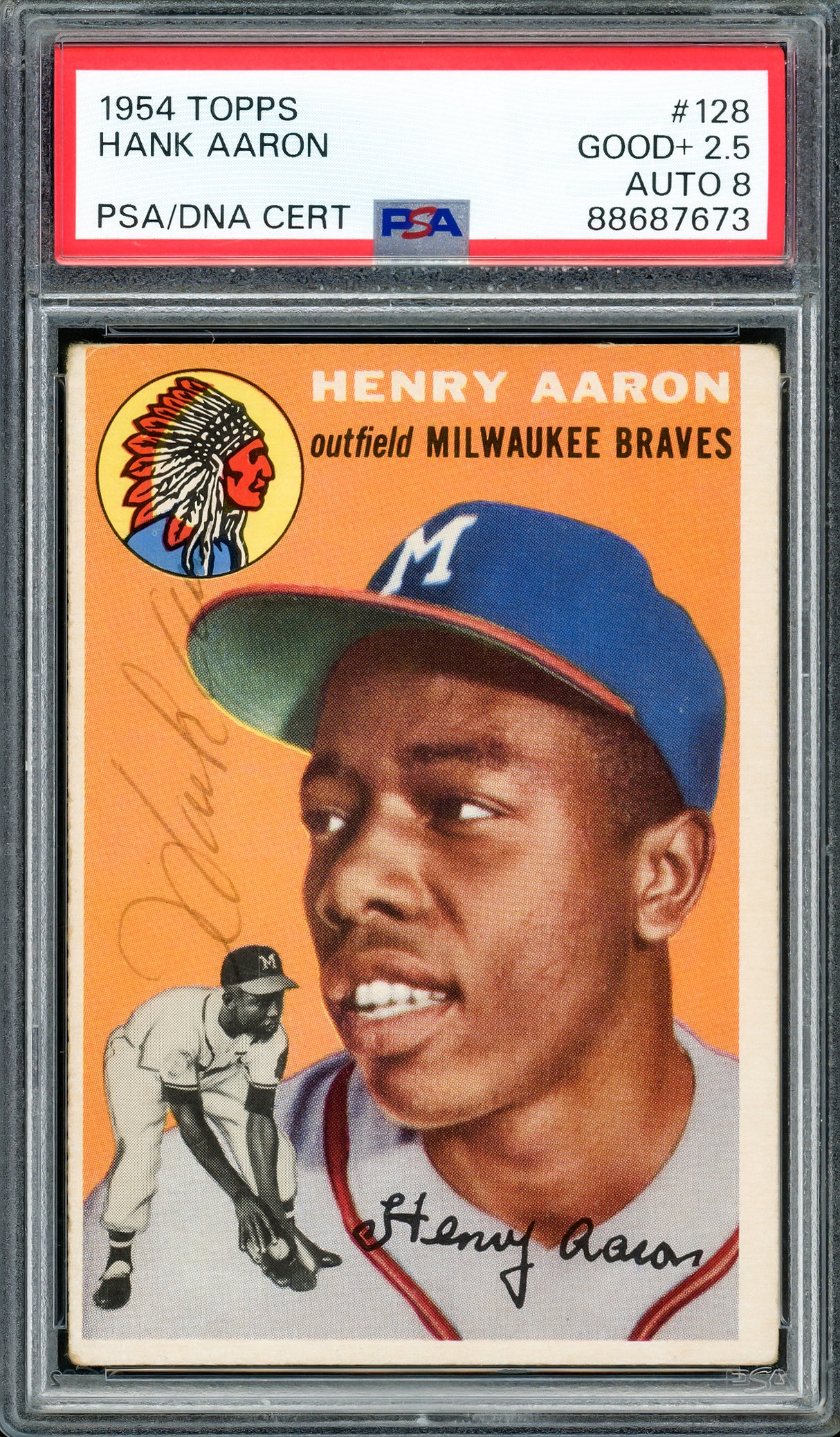 Hank Aaron Autographed 1954 Topps Rookie Card #128 Milwaukee Braves PSA 2.5 Auto Grade Near Mint/Mint 8 Vintage Autograph PSA/DNA #88687673