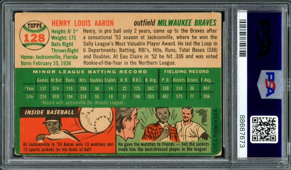 Hank Aaron Autographed 1954 Topps Rookie Card #128 Milwaukee Braves PSA 2.5 Auto Grade Near Mint/Mint 8 Vintage Autograph PSA/DNA #88687673