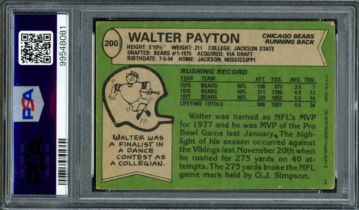 Walter Payton Autographed 1978 Topps Card #200 Chicago Bears PSA/DNA #99548081