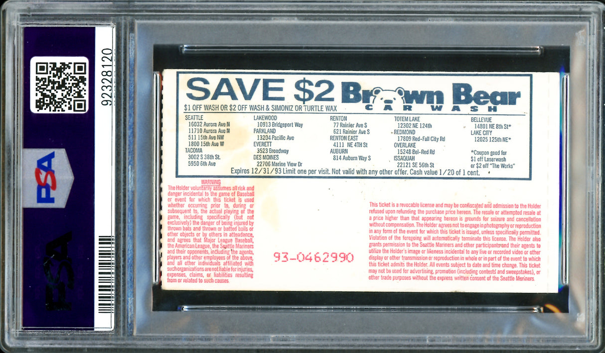 Ken Griffey Jr. Autographed 1993 8th Consecutive Game with a HR Ticket Stub Seattle Mariners PSA 5 Auto Grade Mint 9 " 8 Straight HR" PSA/DNA #92328120
