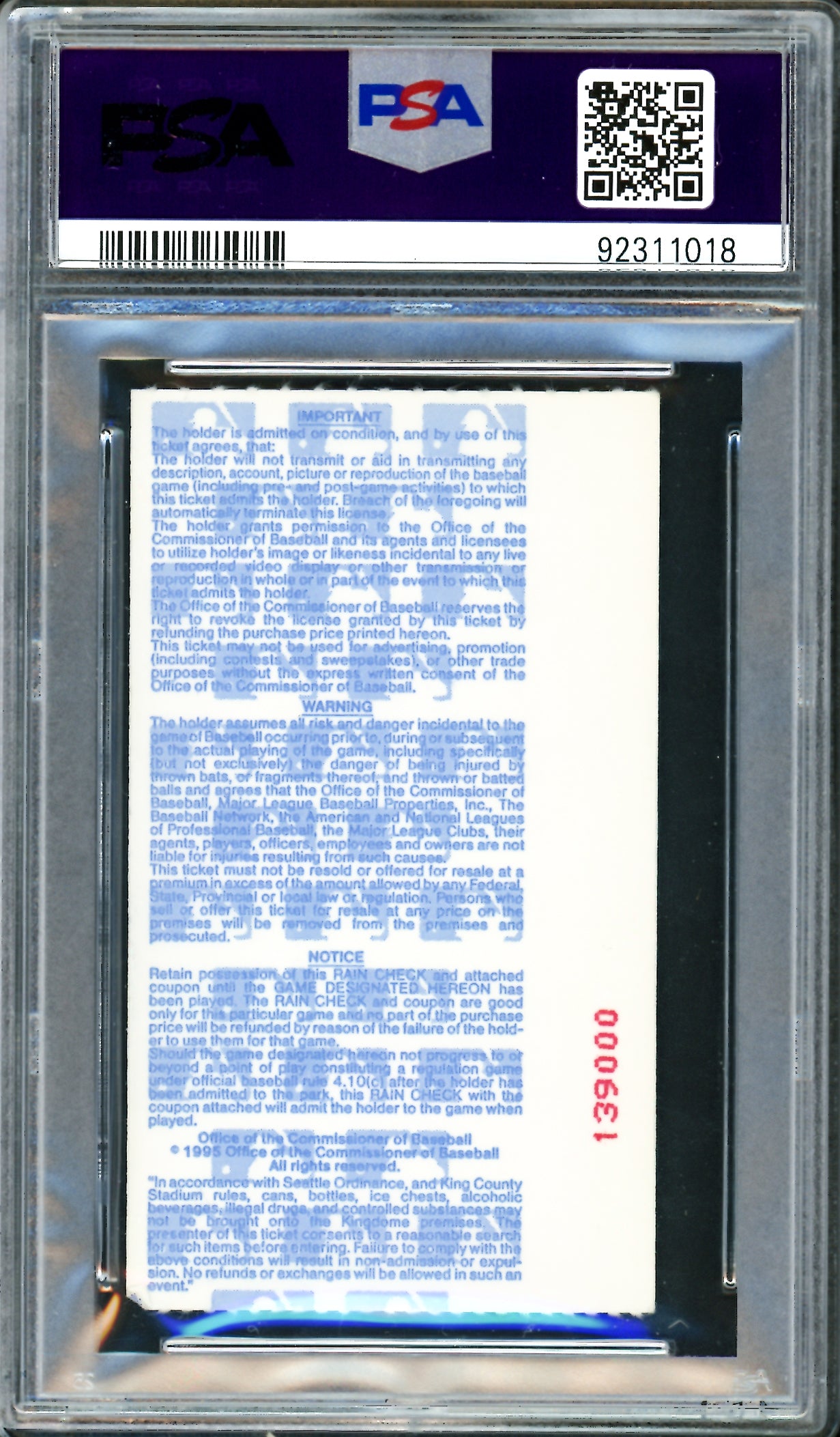 Ken Griffey Jr. Autographed 1995 ALCS Game 2 Home Run Ticket Stub Seattle Mariners Auto Grade Gem Mint 10 PSA/DNA #92311018