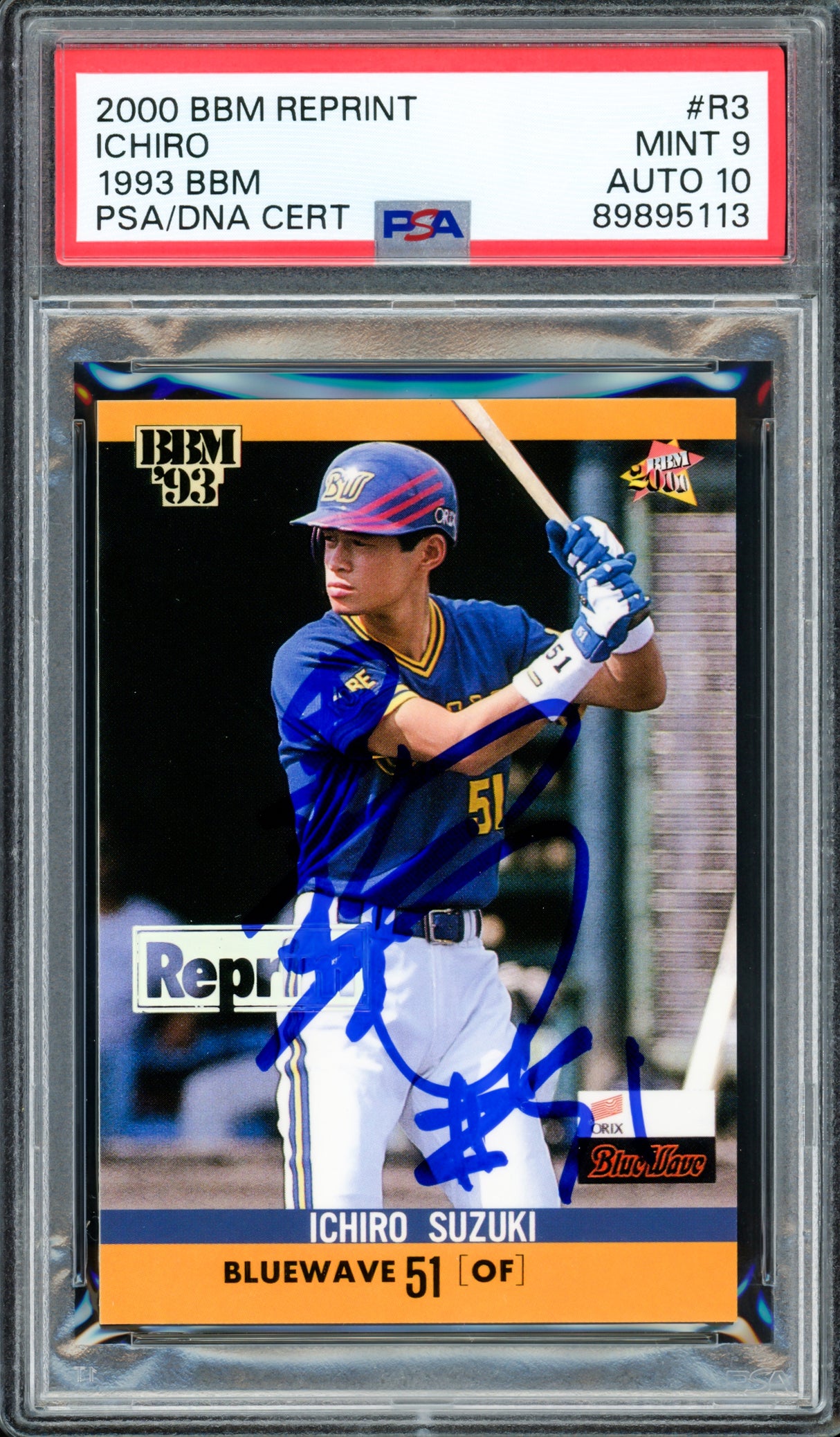 Ichiro Suzuki Autographed 2000 BBM Reprint of 1993 Card #R3 Orix Blue Wave PSA 9 Auto Grade Gem Mint 10 Signed in Kanji PSA/DNA #89895113