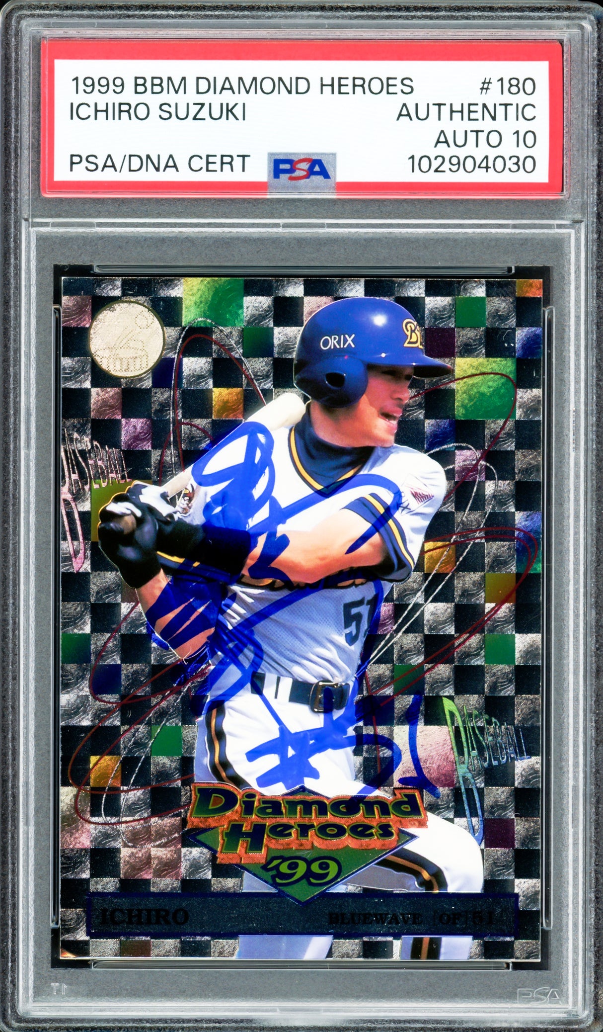 Ichiro Suzuki Autographed 1999 BBM Diamond Heroes Card #180 Orix Blue Wave Auto Grade Gem Mint 10 signed in Kanji PSA/DNA #102904030
