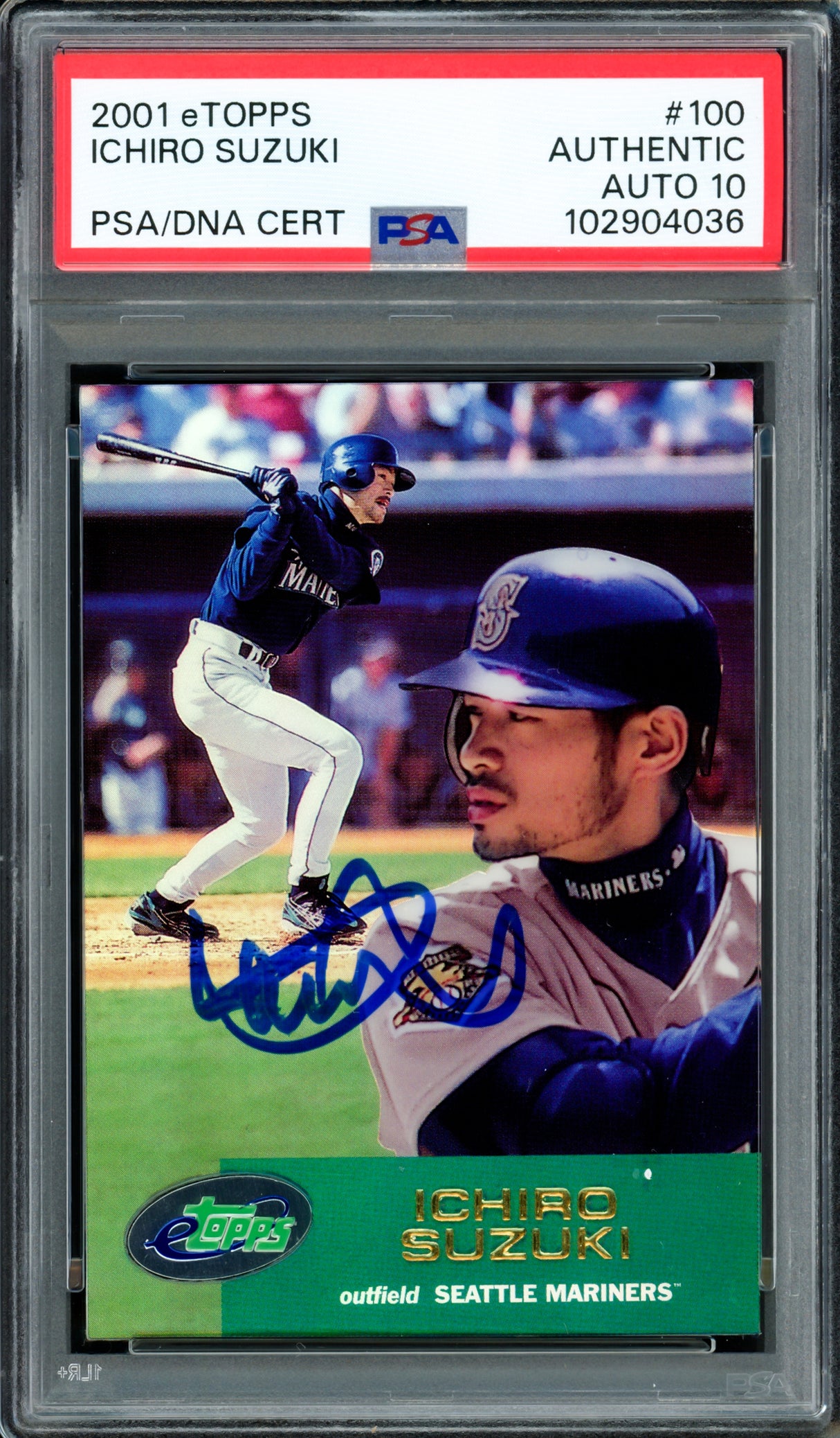 Ichiro Suzuki Autographed 2001 eTopps Rookie Card #100 Seattle Mariners Auto Grade Gem Mint 10 PSA/DNA #102904036