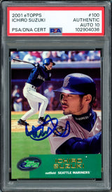 Ichiro Suzuki Autographed 2001 eTopps Rookie Card #100 Seattle Mariners Auto Grade Gem Mint 10 PSA/DNA #102904036