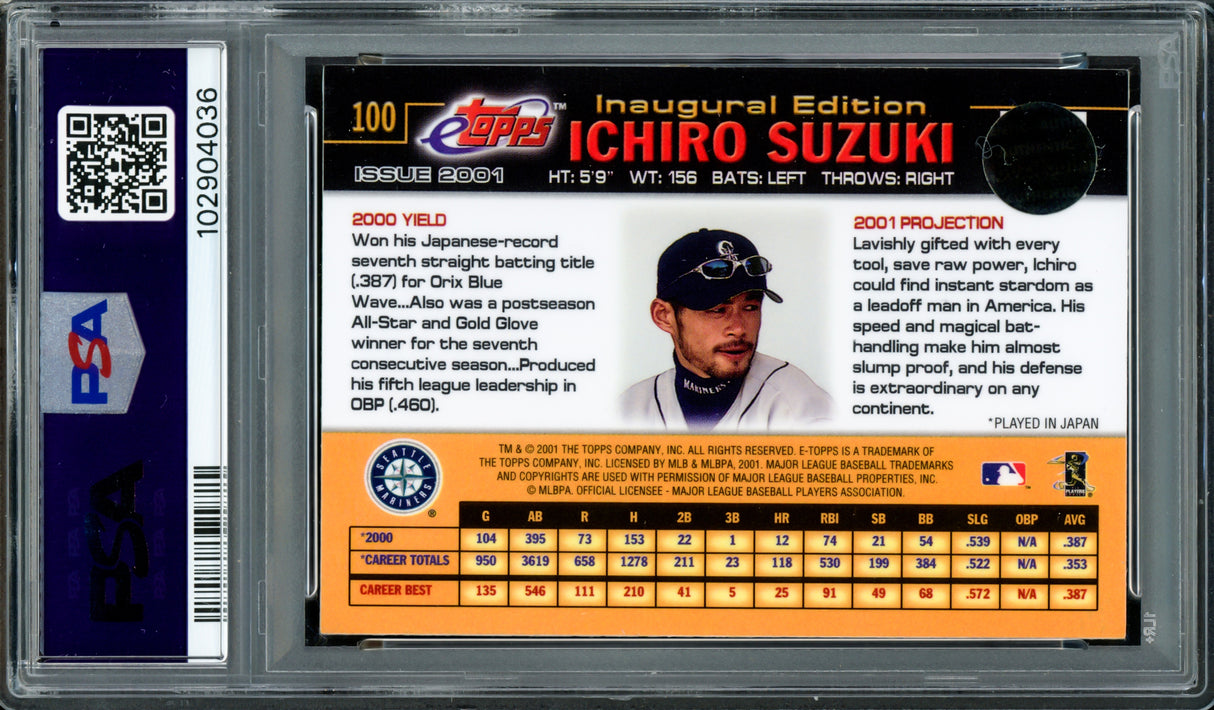 Ichiro Suzuki Autographed 2001 eTopps Rookie Card #100 Seattle Mariners Auto Grade Gem Mint 10 PSA/DNA #102904036