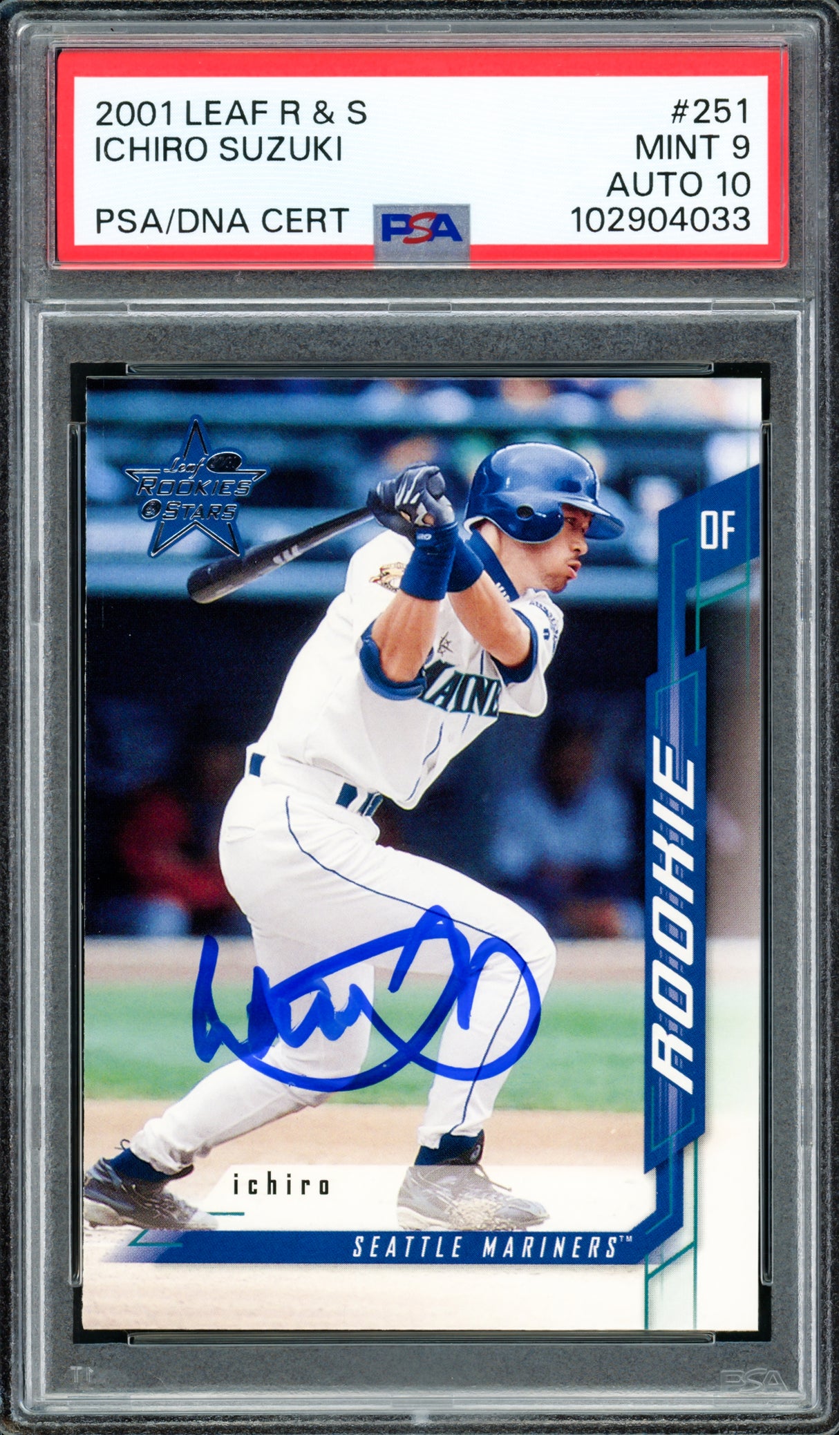 Ichiro Suzuki Autographed 2001 Leaf Rookies & Stars Rookie Card #251 Seattle Mariners PSA 9 Auto Grade Gem Mint 10 PSA/DNA #102904033