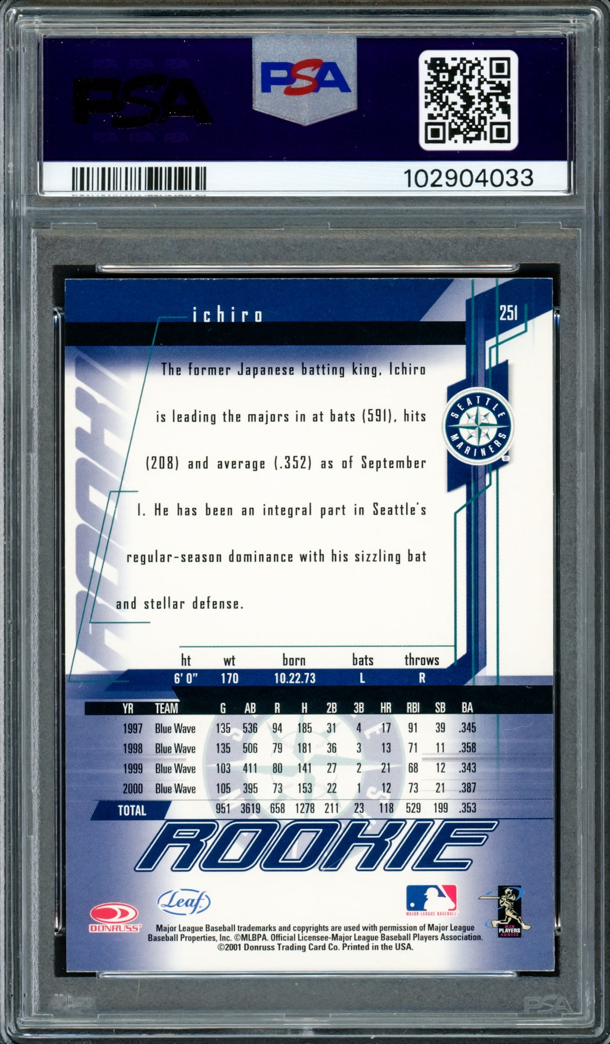 Ichiro Suzuki Autographed 2001 Leaf Rookies & Stars Rookie Card #251 Seattle Mariners PSA 9 Auto Grade Gem Mint 10 PSA/DNA #102904033