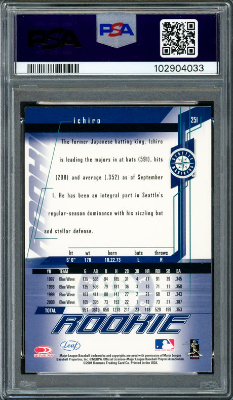 Ichiro Suzuki Autographed 2001 Leaf Rookies & Stars Rookie Card #251 Seattle Mariners PSA 9 Auto Grade Gem Mint 10 PSA/DNA #102904033