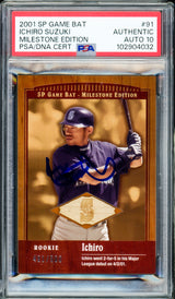 Ichiro Suzuki Autographed 2001 SP Game Bat Rookie Card #91 Seattle Mariners Auto Grade Gem Mint 10 Milestone Edition #491/500 PSA/DNA #102904032