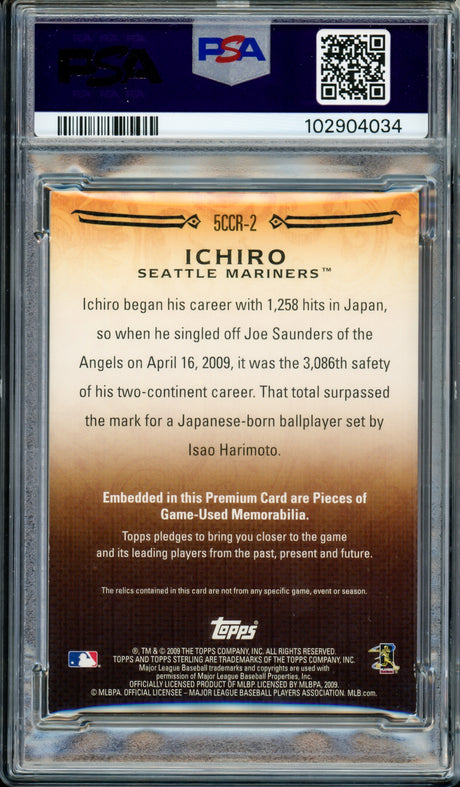 Ichiro Suzuki Autographed 2009 Topps Sterling Career Chronicles Relics Card #2 Seattle Mariners Auto Grade Gem Mint 10 Game Used #02/25 PSA/DNA #102904034