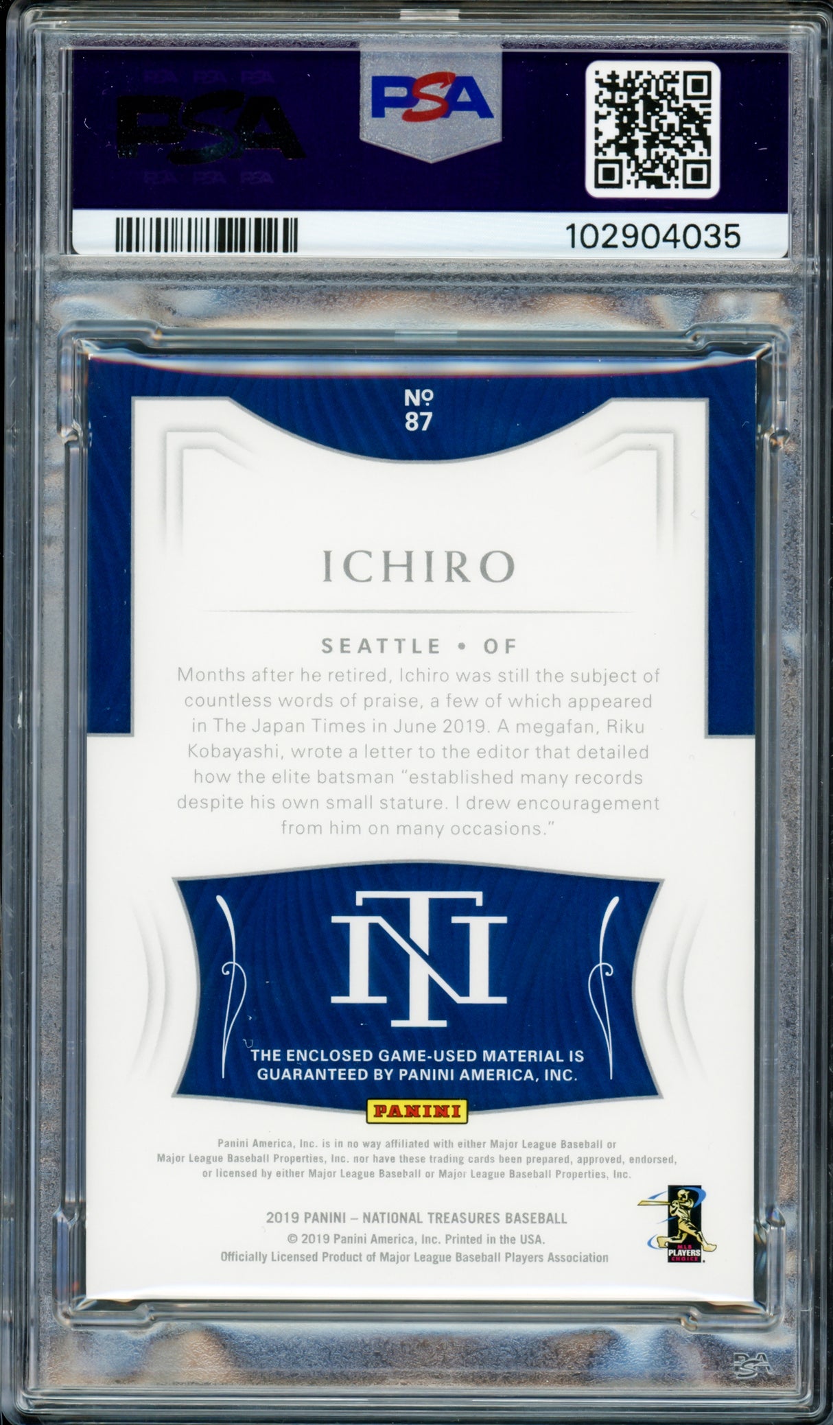 Ichiro Suzuki Autographed 2019 Panini National Treasures Game Used Patch Card #87 Seattle Mariners PSA 8 Auto Grade Gem Mint 10 #3/5 PSA/DNA #102904035