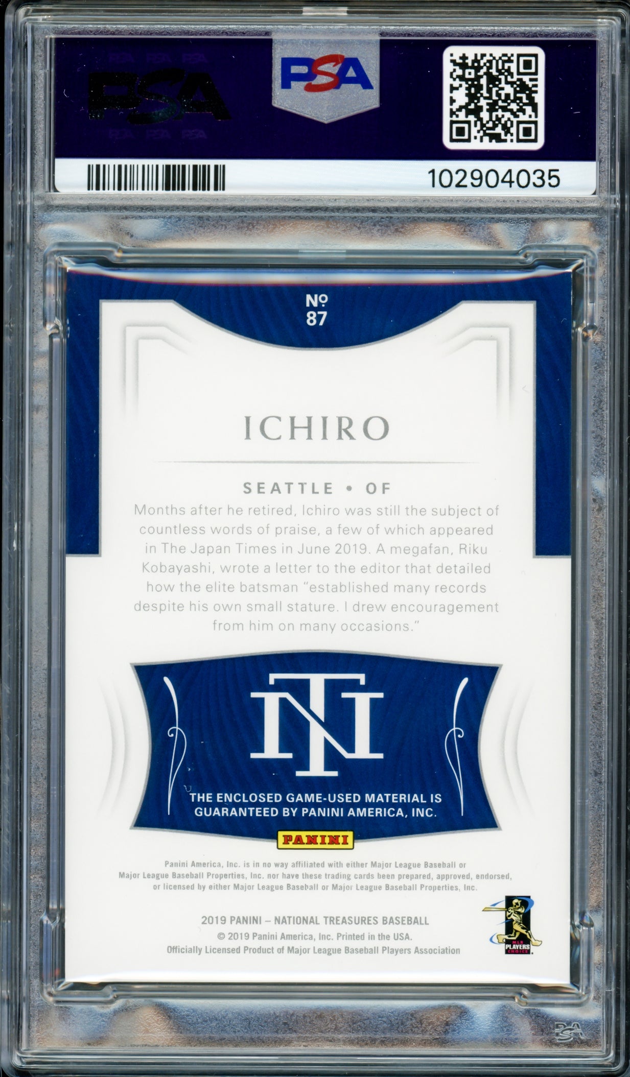 Ichiro Suzuki Autographed 2019 Panini National Treasures Game Used Patch Card #87 Seattle Mariners PSA 8 Auto Grade Gem Mint 10 #3/5 PSA/DNA #102904035