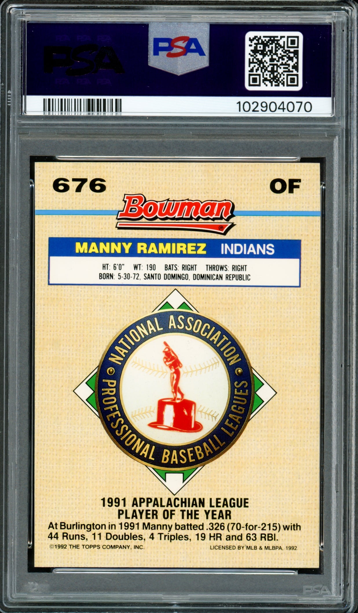 Manny Ramirez Autographed 1992 Bowman Foil Rookie Card #676 Boston Red Sox PSA 9 Auto Grade Gem Mint 10 PSA/DNA #102904070
