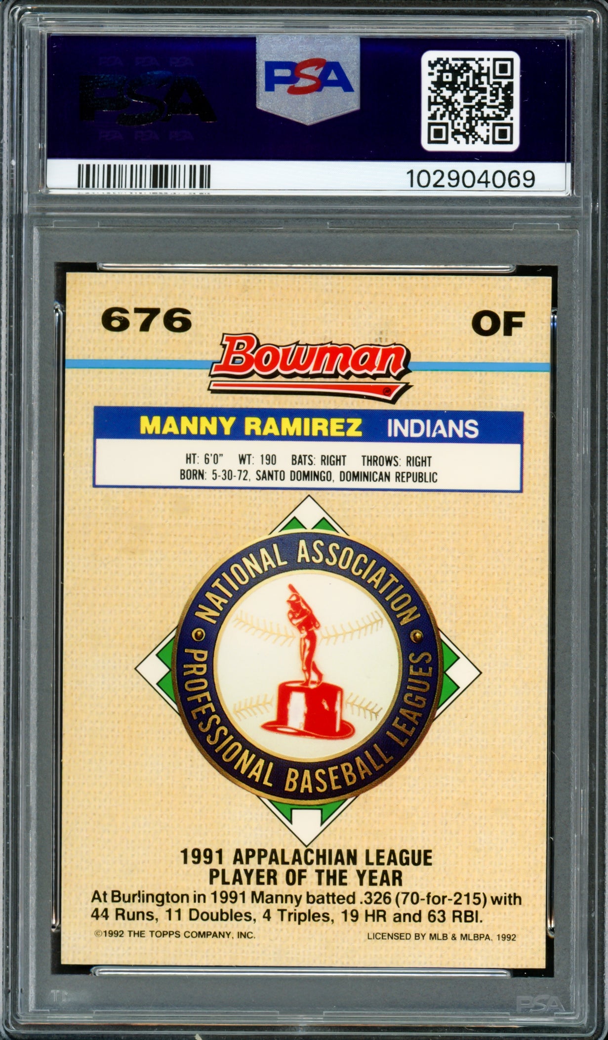 Manny Ramirez Autographed 1992 Bowman Foil Rookie Card #676 Boston Red Sox PSA 9 Auto Grade Gem Mint 10 PSA/DNA #102904069