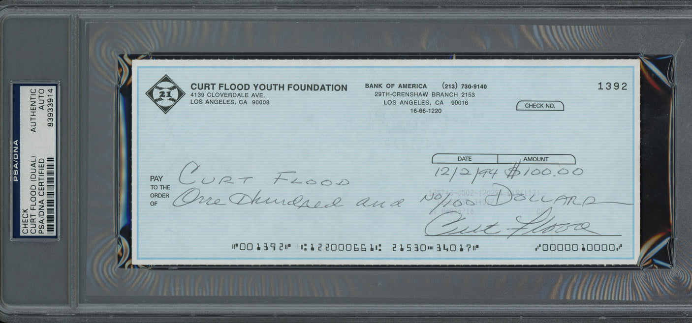 Curt Flood Autographed 3.5x8.5 Check St. Louis Cardinals (Signed Twice) PSA/DNA #83933914
