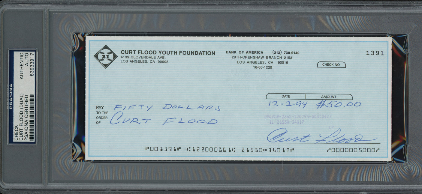 Curt Flood Autographed 3.5x8.5 Check St. Louis Cardinals (Signed Twice) PSA/DNA #83933917