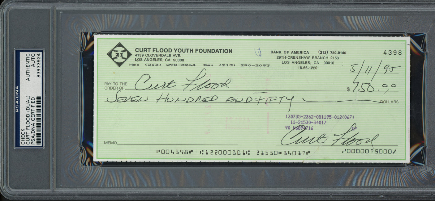 Curt Flood Autographed 3.5x8.5 Check St. Louis Cardinals (Signed Twice) PSA/DNA #83933924