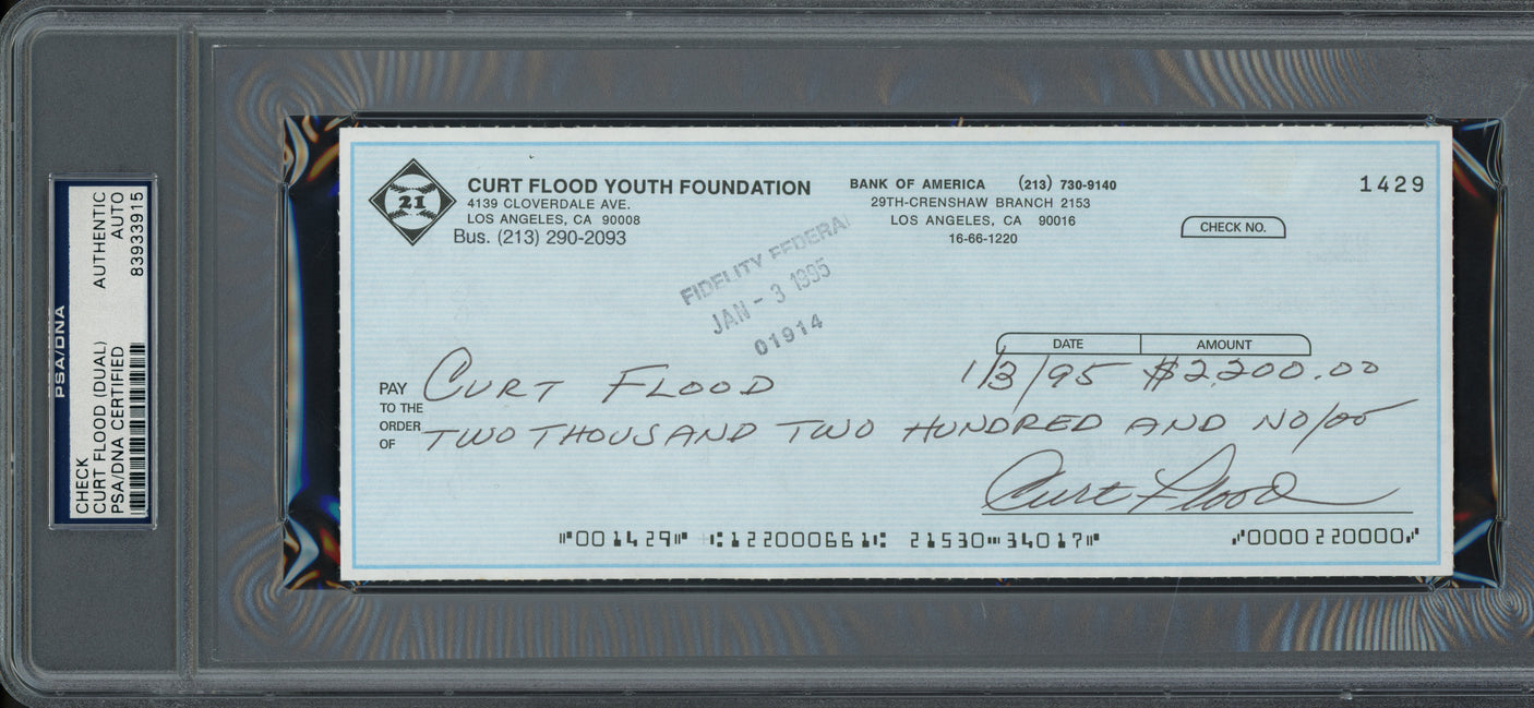Curt Flood Autographed 3.5x8.5 Check St. Louis Cardinals (Signed Twice) PSA/DNA #83933915