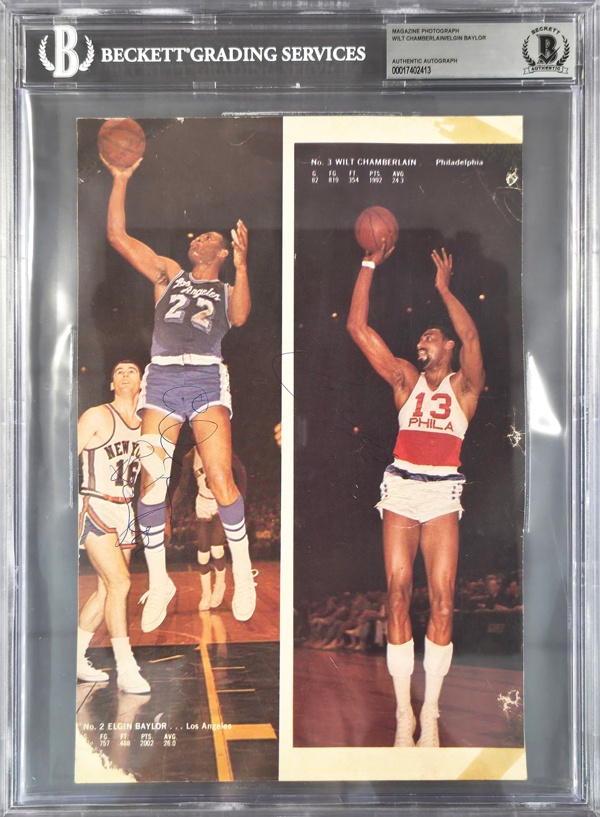 Wilt Chamberlain & Elgin Baylor Autographed 7x11 Magazine Page Photo (Dave Bing on Back) Beckett BAS #17402413